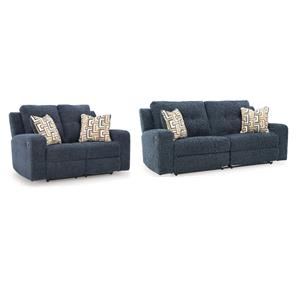 Bowery Hill Reclining Sofa and Loveseat Set in Blue Polyester