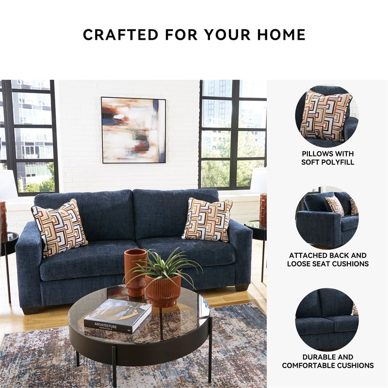 Bowery Hill Loveseat & Sofa Set in Navy Blue Polyester