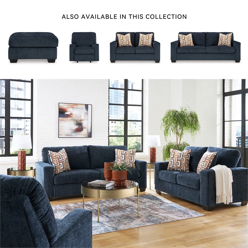 Bowery Hill Loveseat & Sofa Set in Navy Blue Polyester