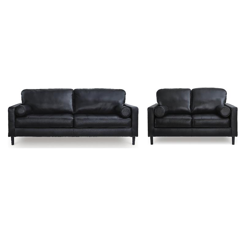 Bowery Hill 2-Piece Living Room Set of Black Loveseat and Sofa in Leather