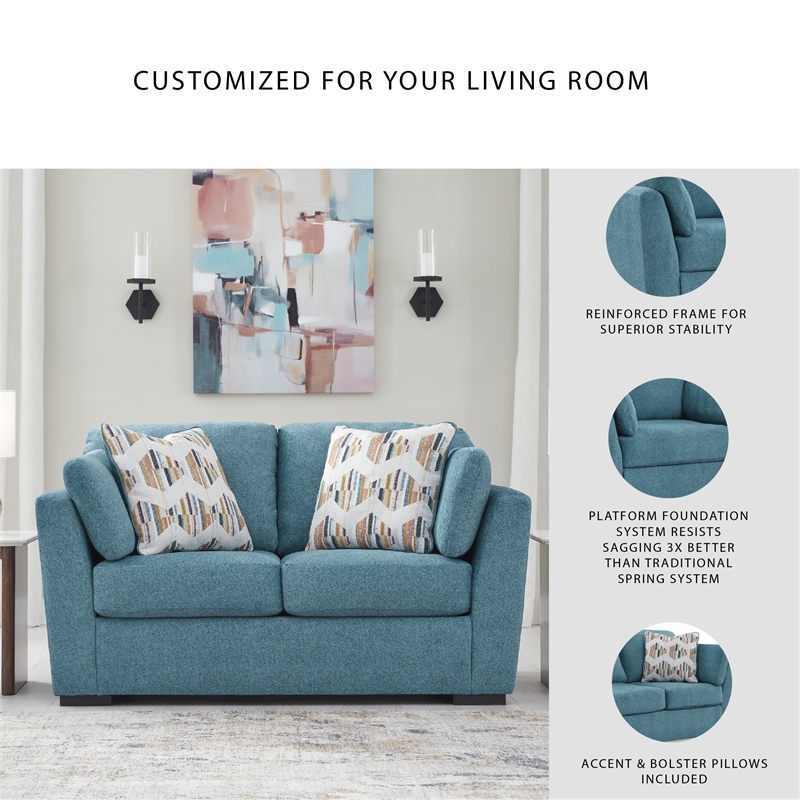 Bowery Hill 2-Piece Set of Teal Loveseat and Sofa with Velvet Upholstered