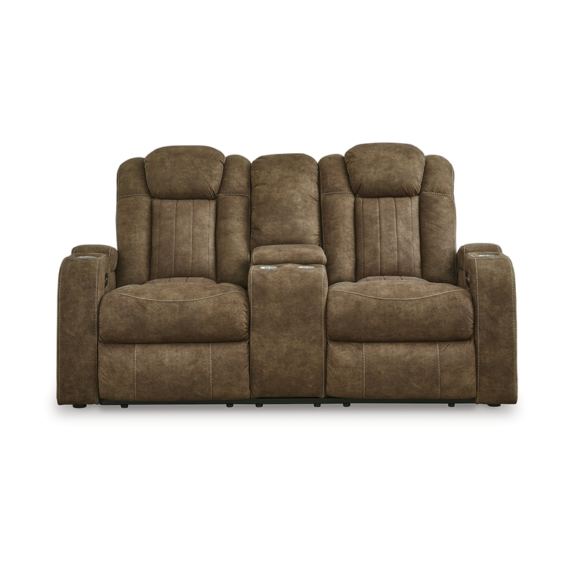 Bowery Hill Power Reclining Loveseat and Sofa Set in Brown Faux Leather