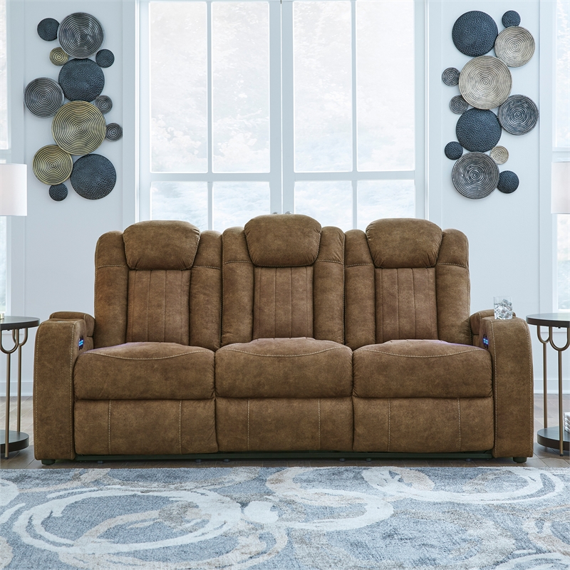 Bowery Hill Power Reclining Loveseat and Sofa Set in Brown Faux Leather