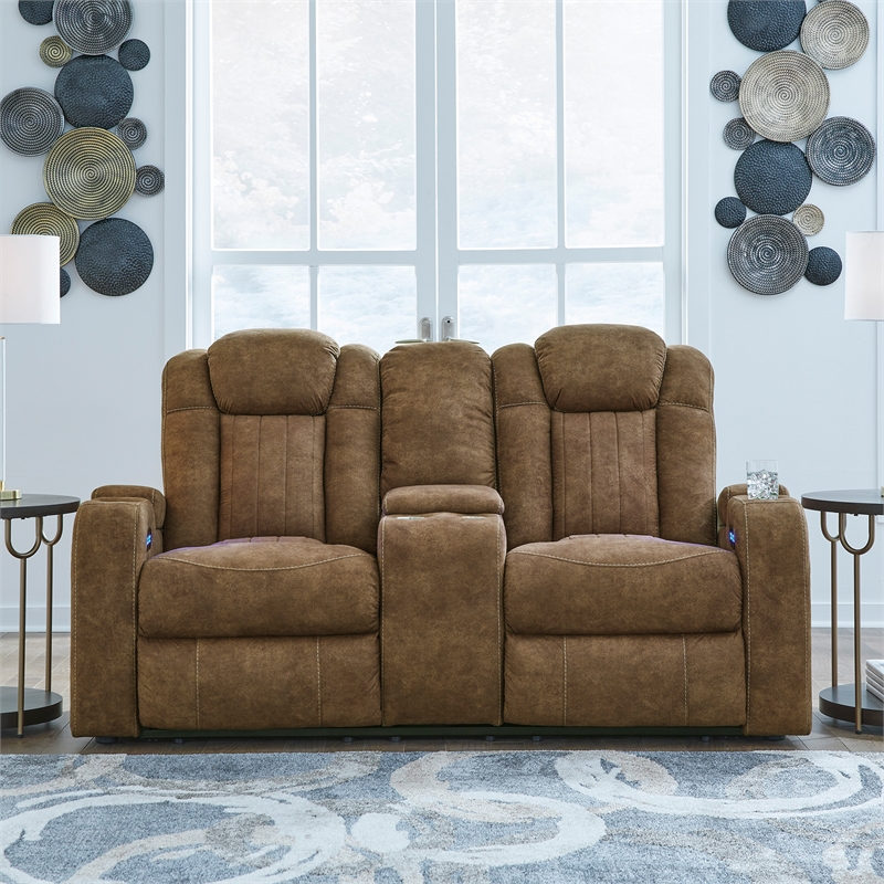 Bowery Hill Power Reclining Loveseat and Sofa Set in Brown Faux Leather