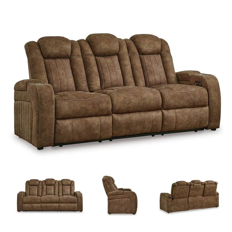 Bowery Hill Power Reclining Loveseat and Sofa Set in Brown Faux Leather