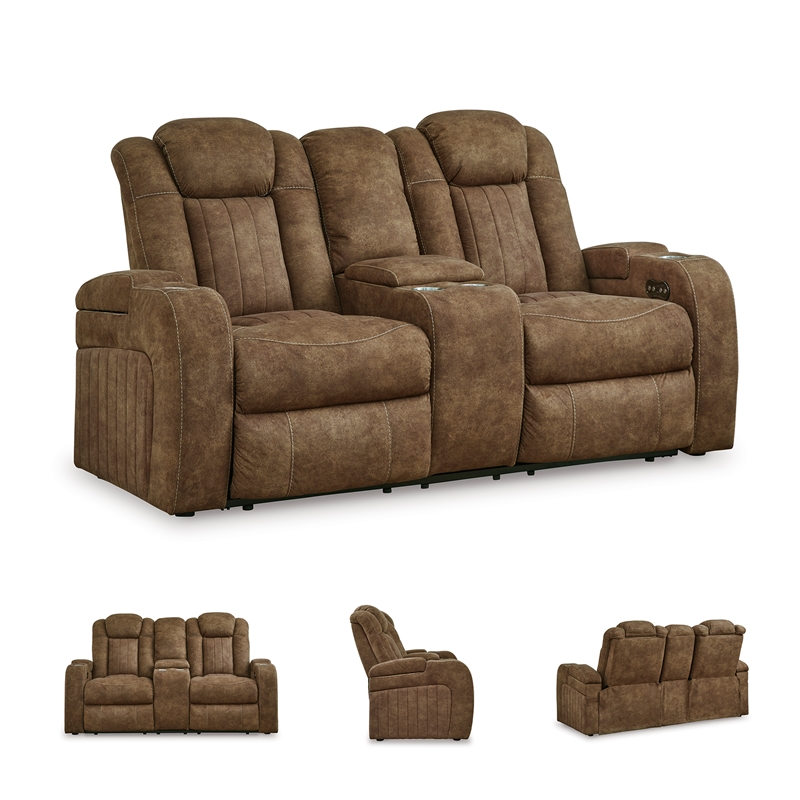 Bowery Hill Power Reclining Loveseat and Sofa Set in Brown Faux Leather