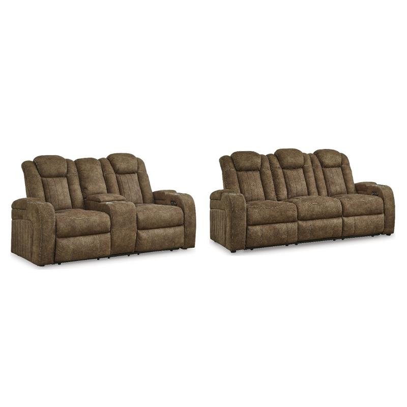 Bowery Hill Power Reclining Loveseat and Sofa Set in Brown Faux Leather