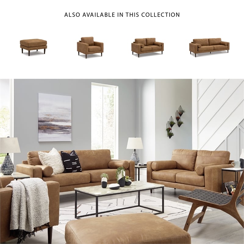 Bowery Hill 2-Piece Living Room Set of Caramel Faux Leather Sofa & Loveseat