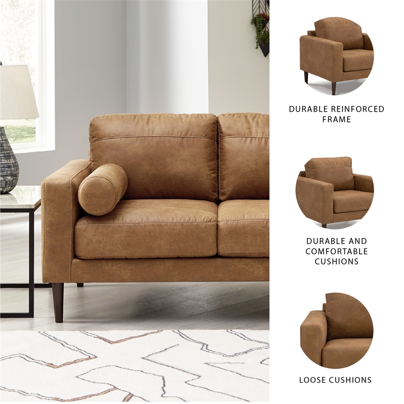 Bowery Hill 2-Piece Living Room Set of Caramel Faux Leather Sofa & Loveseat