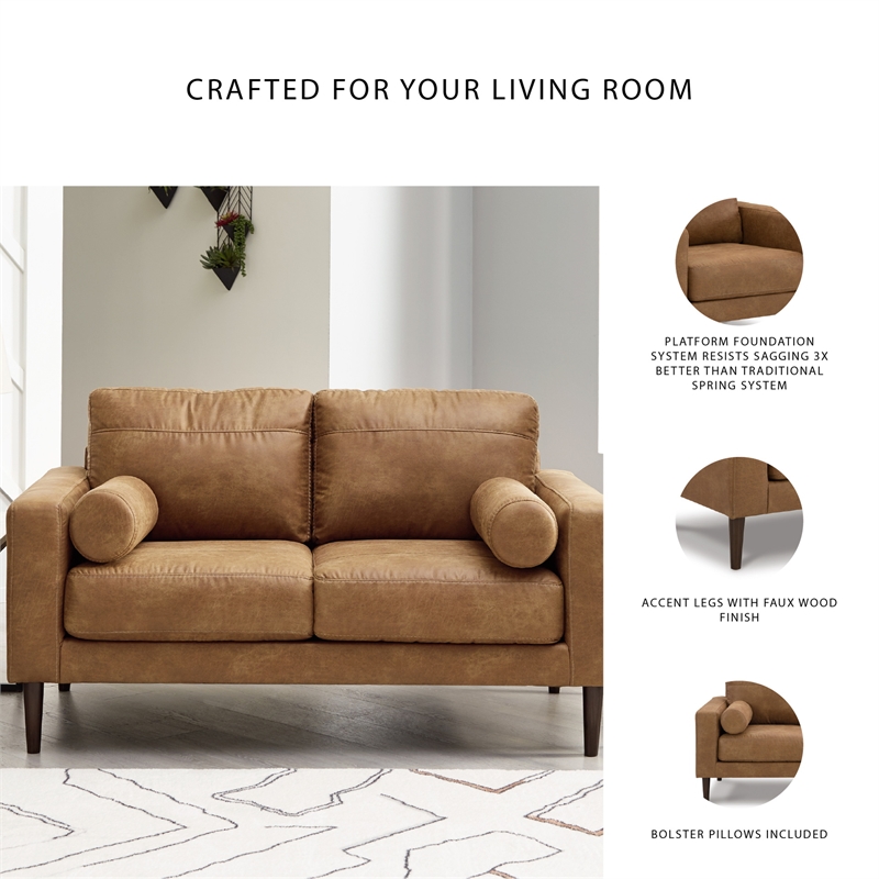 Bowery Hill 2-Piece Living Room Set of Caramel Faux Leather Sofa & Loveseat