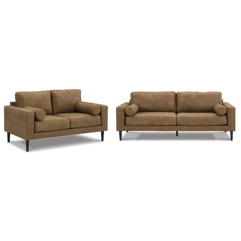 Bowery Hill 2-Piece Living Room Set of Caramel Faux Leather Sofa & Loveseat