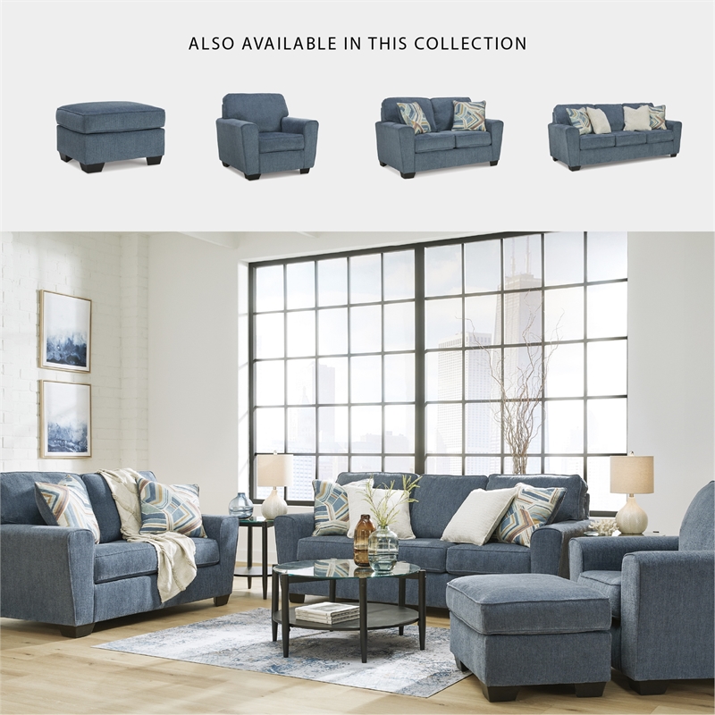 Bowery Hill Living Room Set of Blue Sofa & Loveseat in Polyester Upholstery