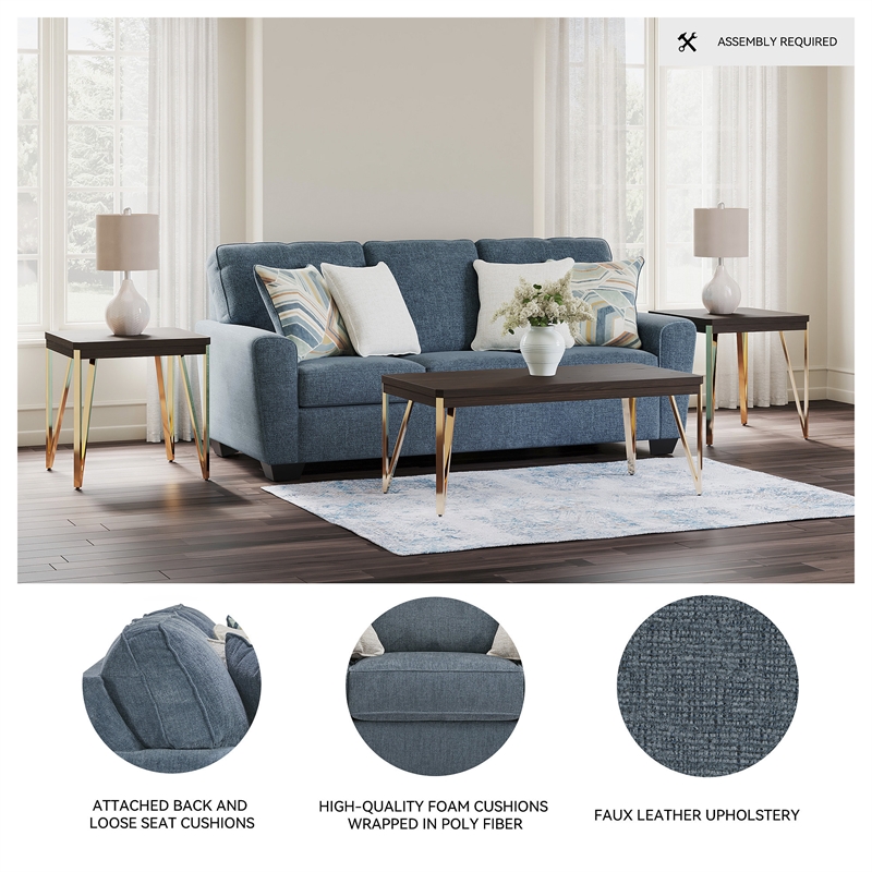 Bowery Hill Living Room Set of Blue Sofa & Loveseat in Polyester Upholstery