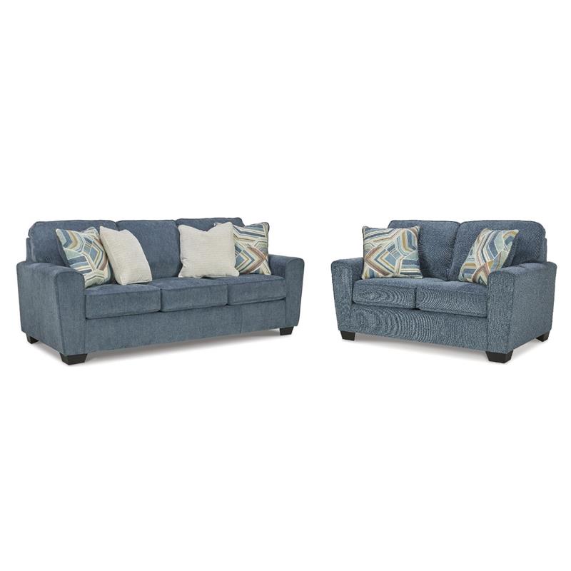 Bowery Hill Living Room Set of Blue Sofa & Loveseat in Polyester Upholstery