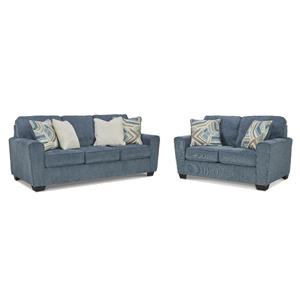 Bowery Hill Living Room Set of Blue Sofa & Loveseat in Polyester Upholstery