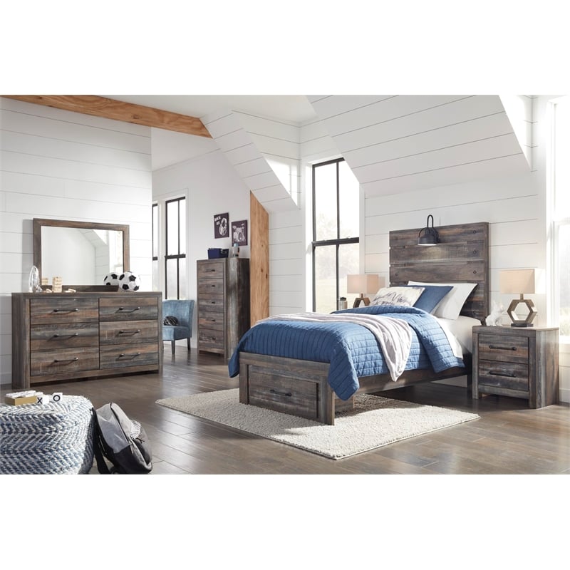Bowery Hill Rustic-Industrial Full Headboard & 6-Drawer Dresser Set
