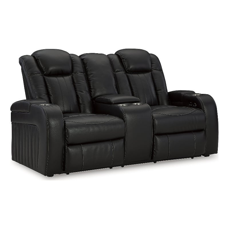 Bowery Hill Set of 2 Black Faux Leather Power Reclining Sofa & Loveseat
