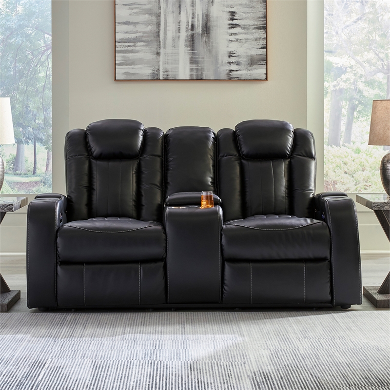 Bowery Hill Set of 2 Black Faux Leather Power Reclining Sofa & Loveseat