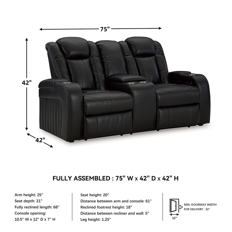 Bowery Hill Set of 2 Black Faux Leather Power Reclining Sofa & Loveseat