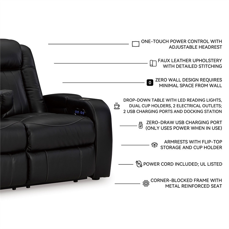 Bowery Hill Set of 2 Black Faux Leather Power Reclining Sofa & Loveseat