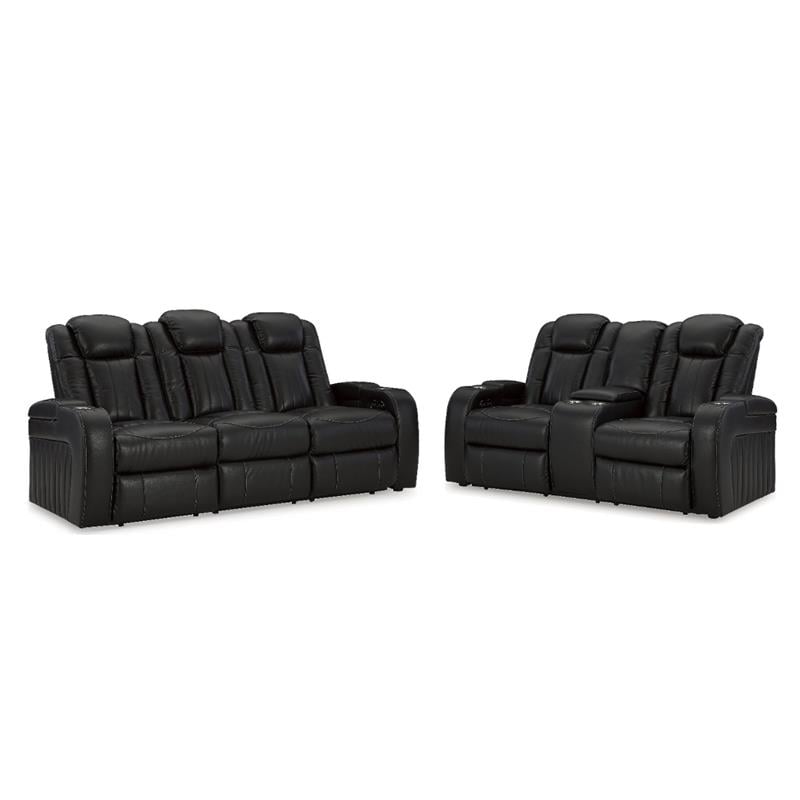 Bowery Hill Set of 2 Black Faux Leather Power Reclining Sofa & Loveseat