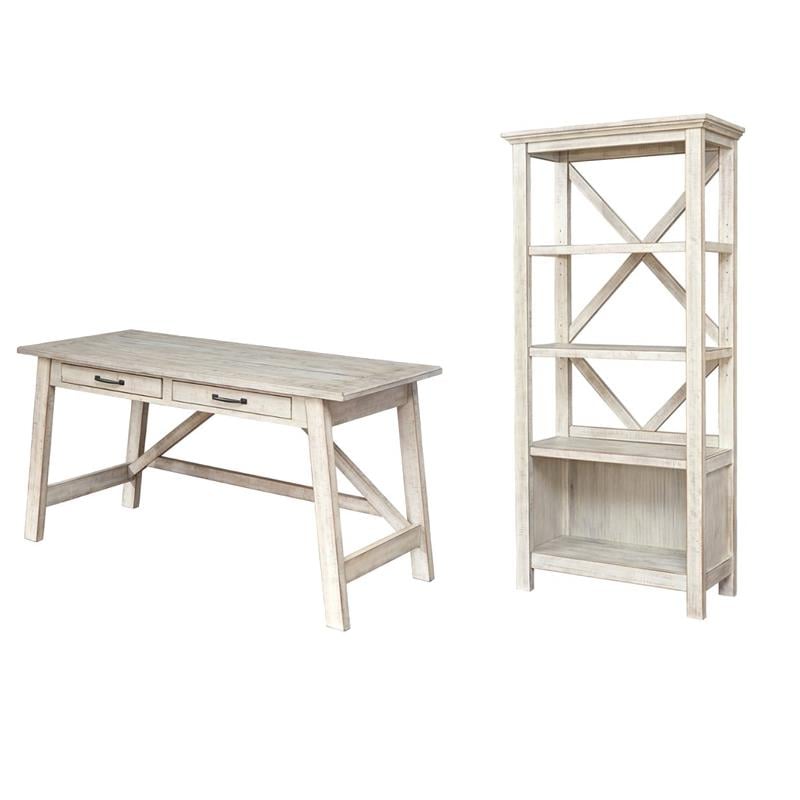 Bowery Hill Farmhouse Desk and Bookcase Set in Whitewash