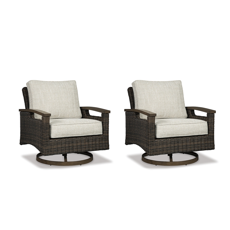 Bowery Hill Outdoor Patio Set of Swivel Chairs & Fire Pit Table in Medium Brown