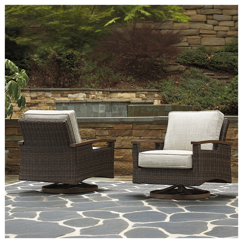 Bowery Hill Outdoor Patio Set of Swivel Chairs & Fire Pit Table in Medium Brown
