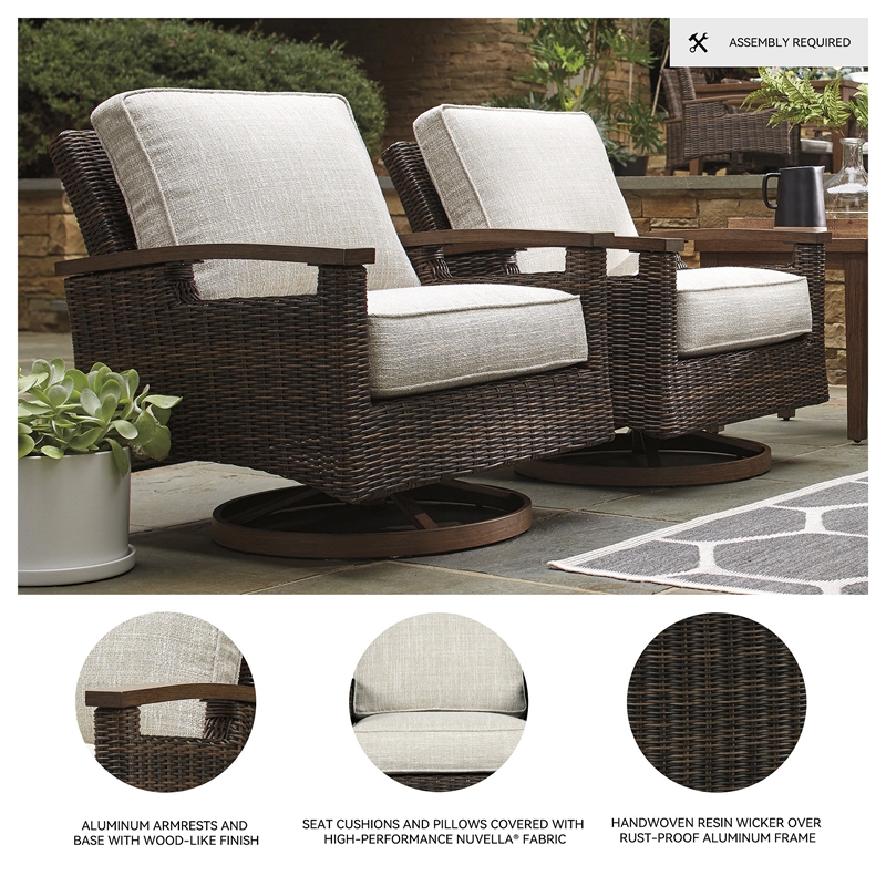 Bowery Hill Outdoor Patio Set of Swivel Chairs & Fire Pit Table in Medium Brown