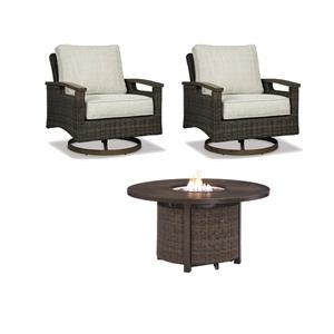 Bowery Hill Outdoor Patio Set of Swivel Chairs & Fire Pit Table in Medium Brown