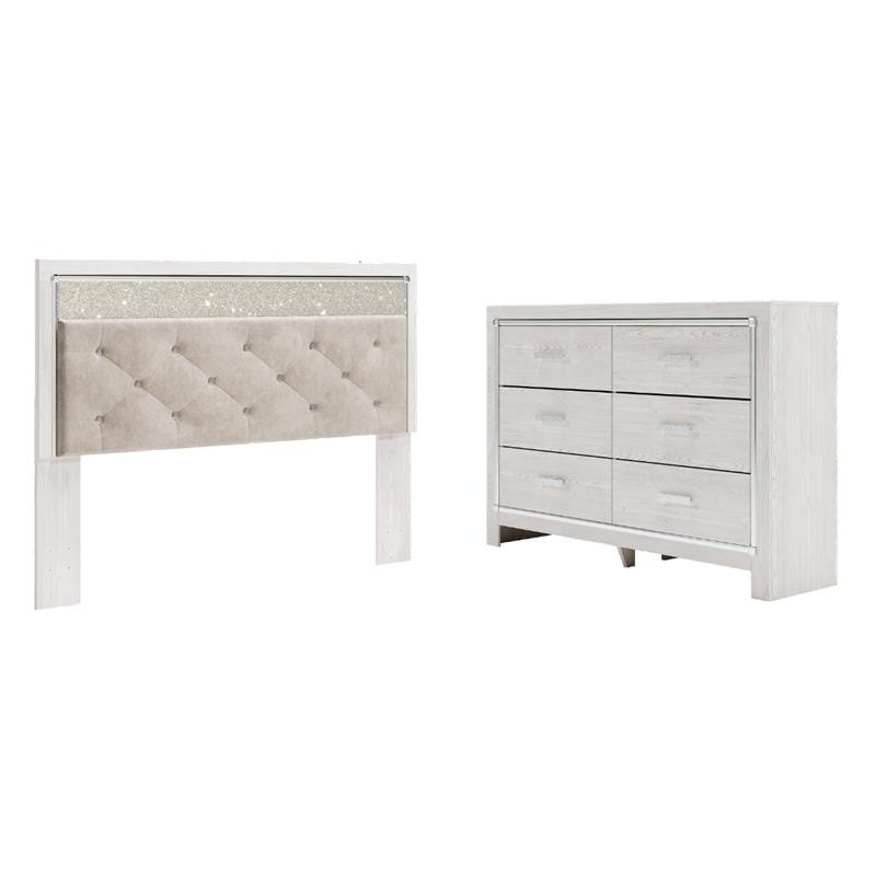 Bowery Hill White Upholstered King Headboard & 6-Drawer Dresser Set