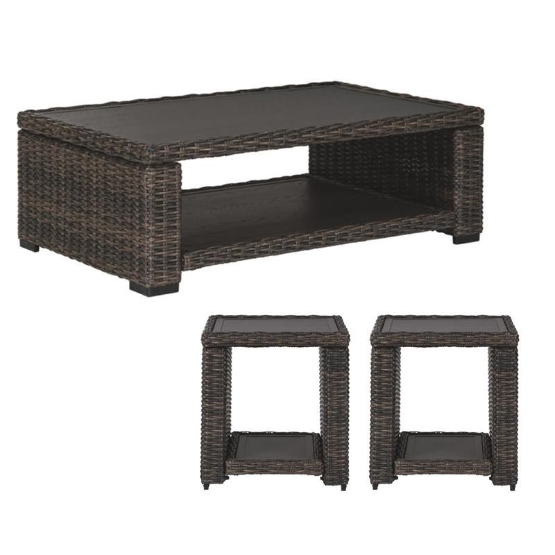 Bowery Hill Outdoor 3-Piece Table Set in Brown Resin Wicker