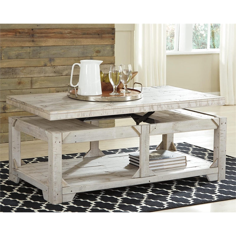 Bowery Hill Farmhouse Living Room Table Set in Whitewash Solid Pine Wood