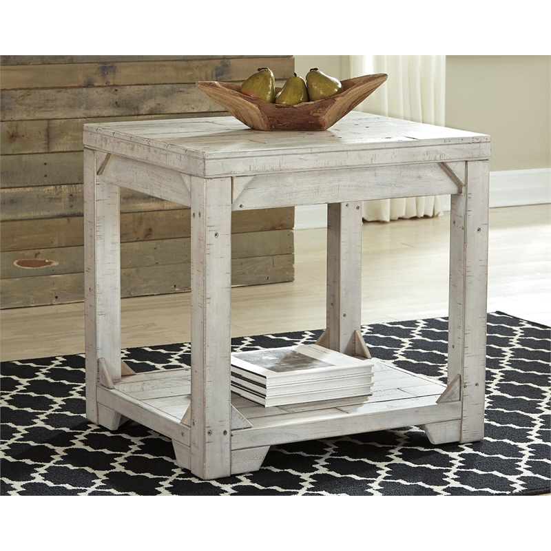 Bowery Hill Farmhouse Living Room Table Set in Whitewash Solid Pine Wood
