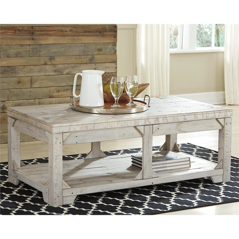 Bowery Hill Farmhouse Living Room Table Set in Whitewash Solid Pine Wood