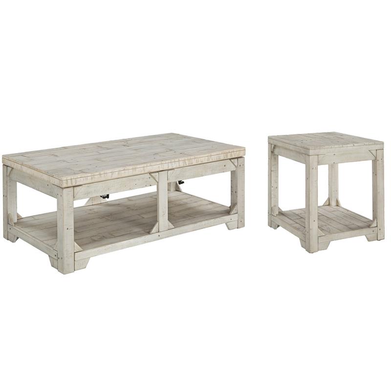 Bowery Hill Farmhouse Living Room Table Set in Whitewash Solid Pine Wood