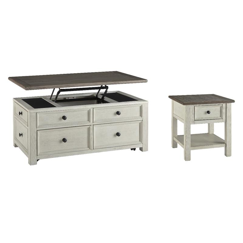 Bowery Hill 2-Piece Antique White & Weathered Oak Living Room Table Set