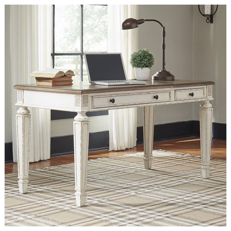 Bowery Hill Set of 2 Office Desks in Chipped White and Brown