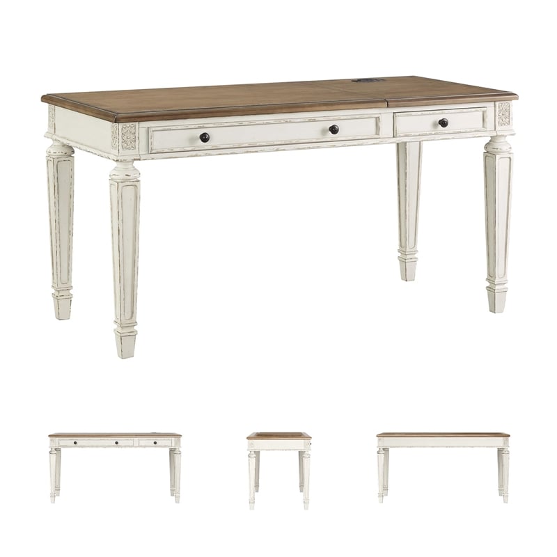 Bowery Hill Set of 2 Office Desks in Chipped White and Brown