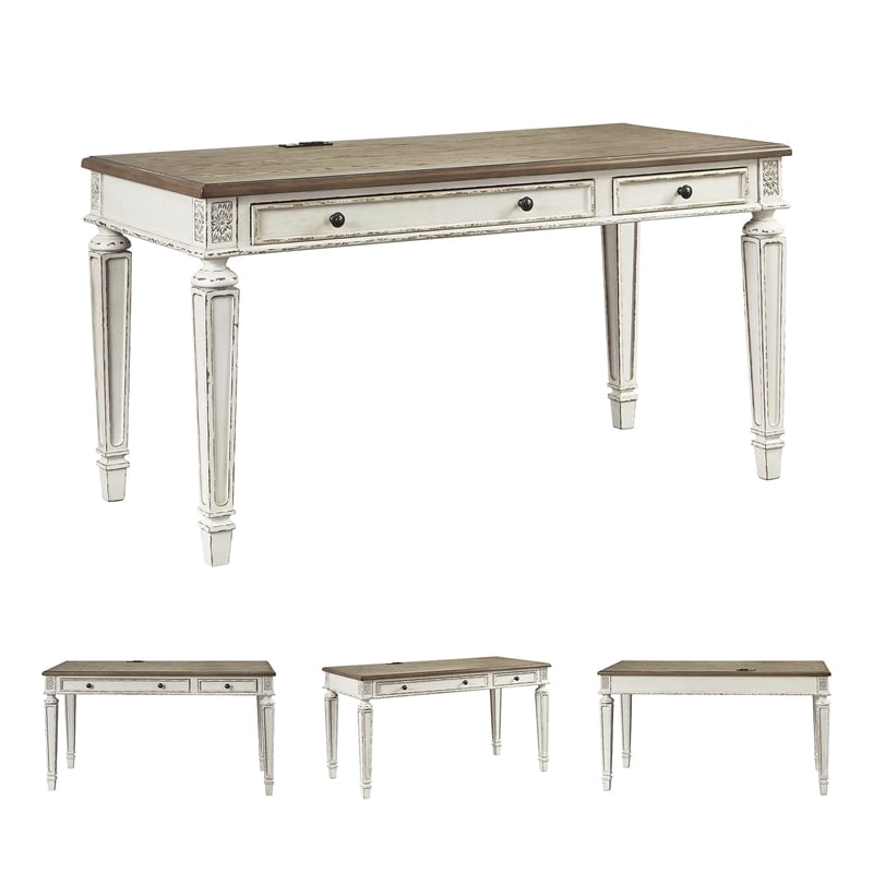 Bowery Hill Set of 2 Office Desks in Chipped White and Brown