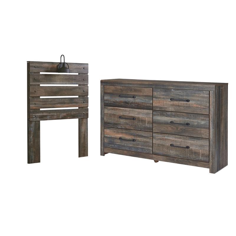 Bowery Hill Rustic Industrial Twin Headboard & 6-Drawer Dresser Set