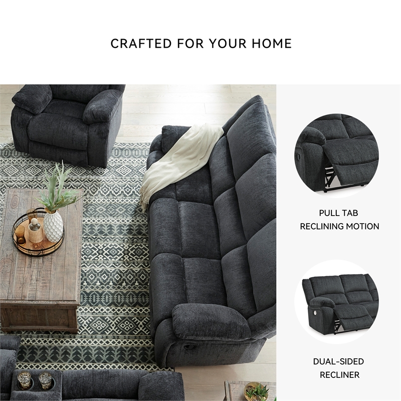 Bowery Hill Reclining Sofa and Loveseat Set in Slate Polyester Upholstery