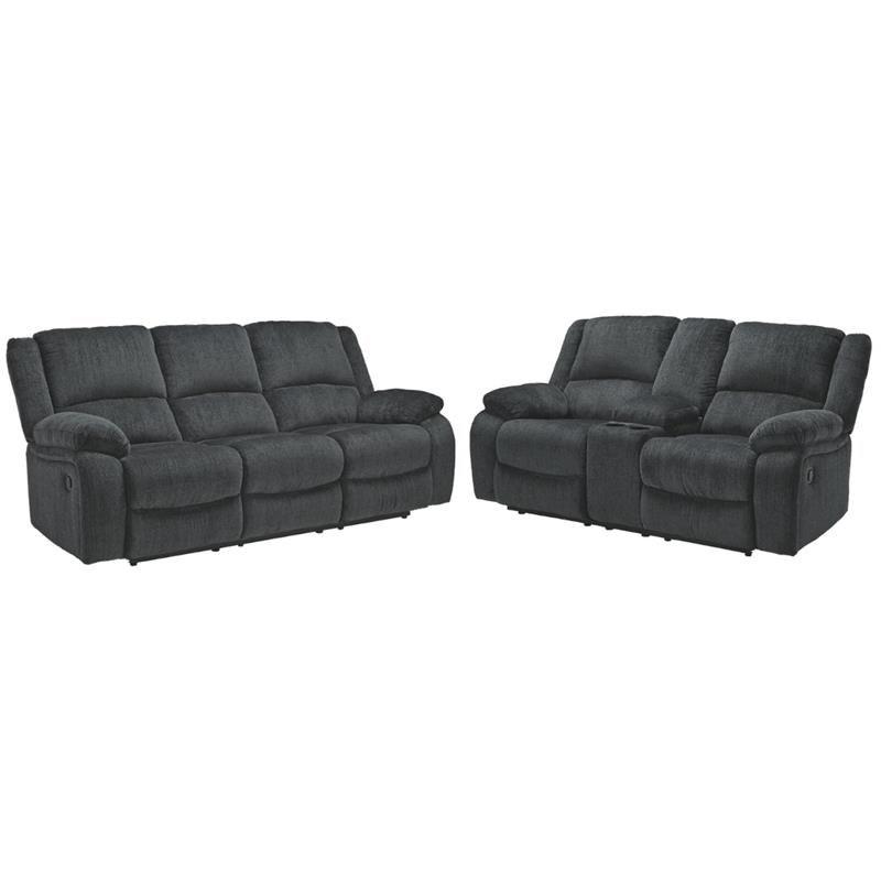 Bowery Hill Reclining Sofa and Loveseat Set in Slate Polyester Upholstery