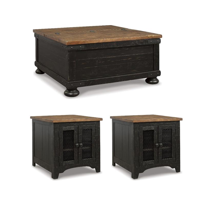 Bowery Hill Rustic Farmhouse Coffee Table & 2 End Tables in Black and Brown