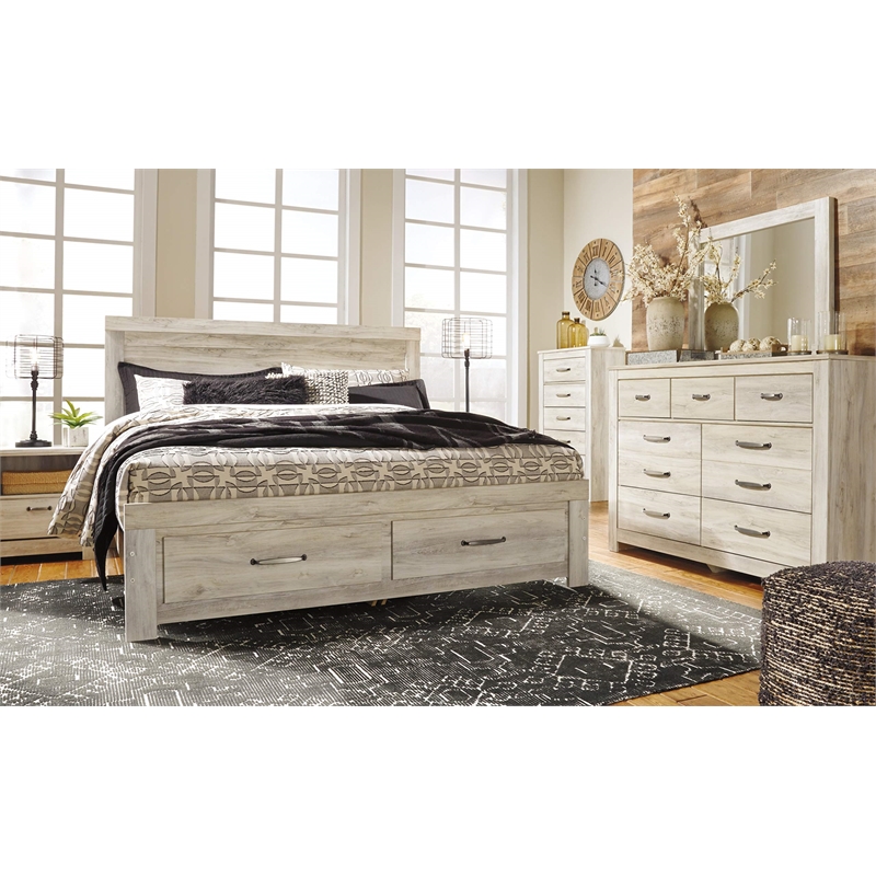 Bowery Hill 2-Piece Set of 7-Drawer Dresser & King Panel Headboard in Whitewash