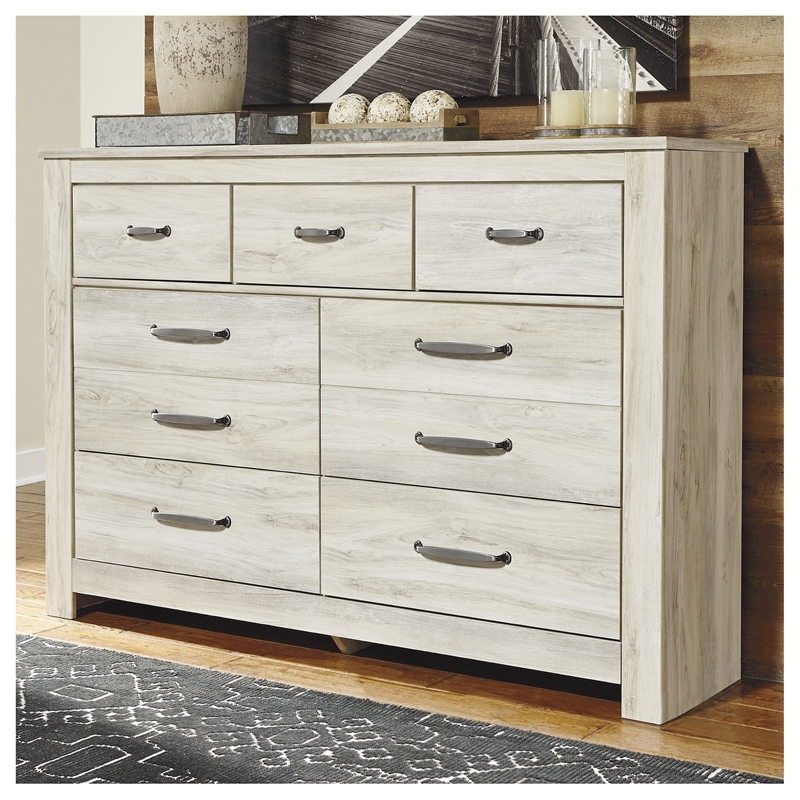 Bowery Hill Set of 7-Drawer Dresser & Queen Panel Headboard in Whitewash