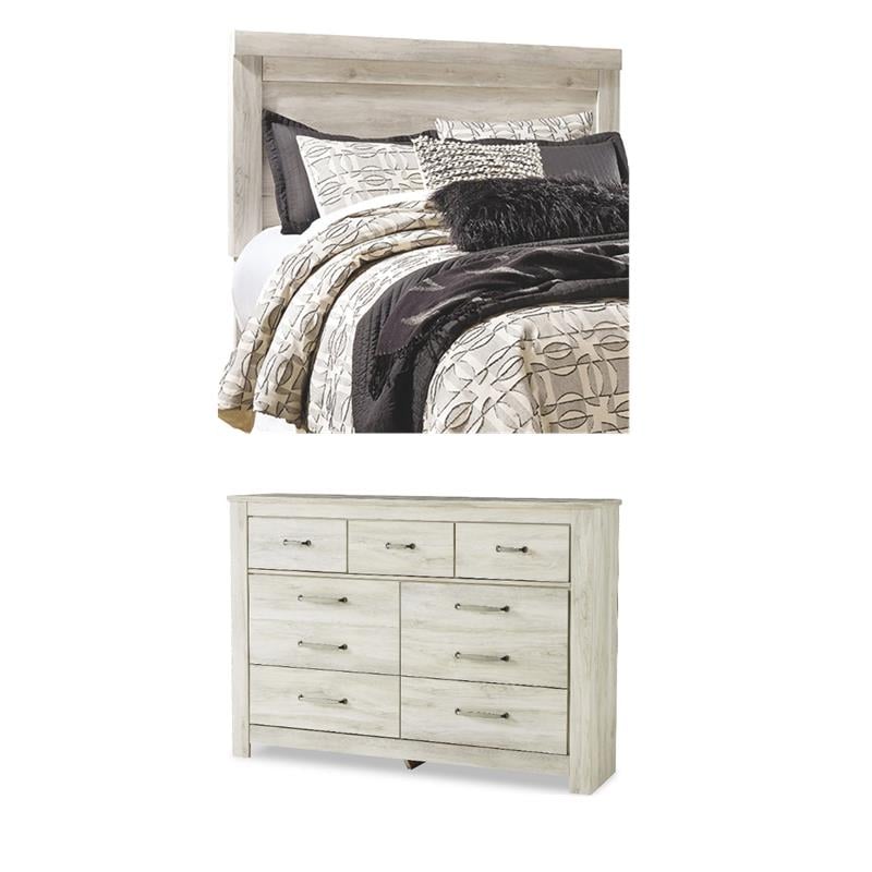 Bowery Hill Set of 7-Drawer Dresser & Queen Panel Headboard in Whitewash