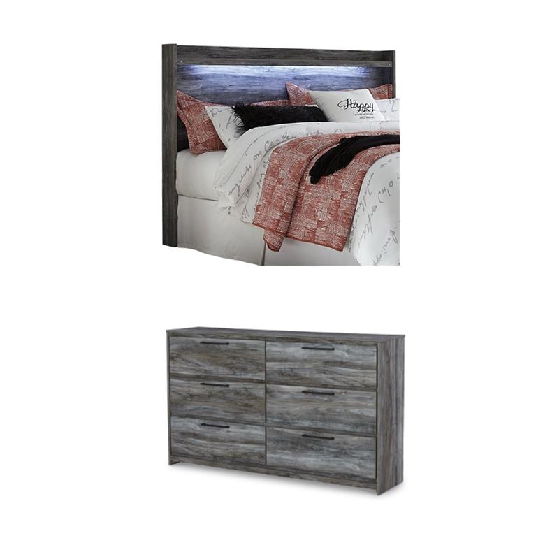Bowery Hill Set of Smokey Gray Double Dresser & King LED Panel Headboard
