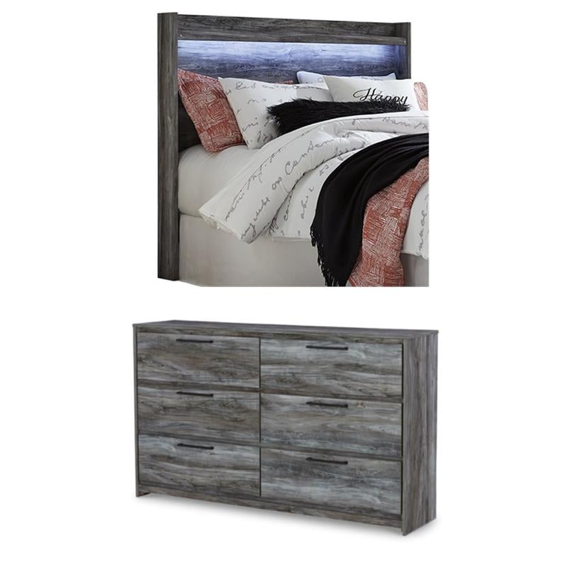 Bowery Hill Set of 2 Smokey Gray Double Dresser & Queen Panel Headboard