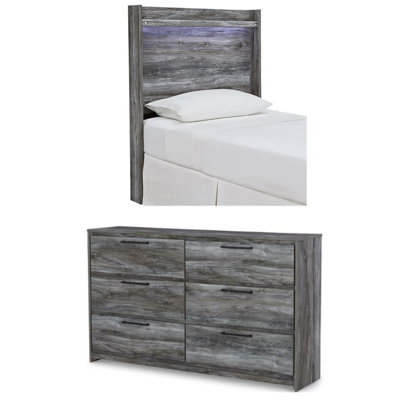 Bowery Hill Smokey Gray Set of Double Dresser & Twin Panel LED Headboard